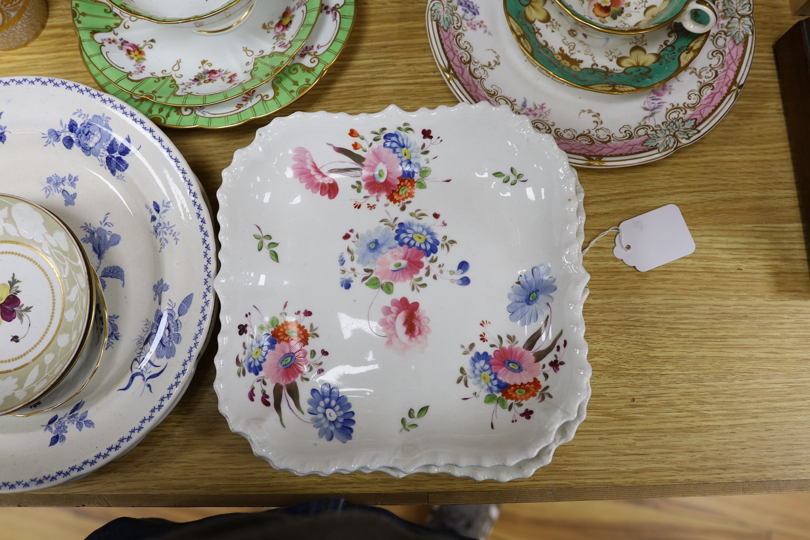 A Worcester Canonball-pattern blue and white saucer, and other 18th and 19th century tableware
